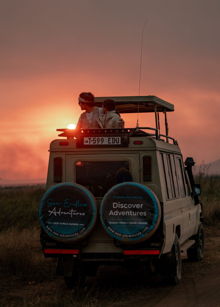 A white safari vehicle is parked in a grassy field at sunset while two tourists look out from the open roof at the orange sky.