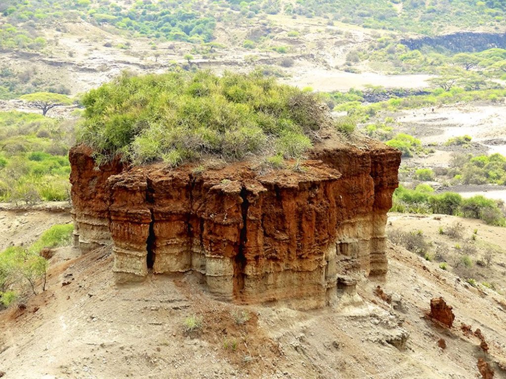 A prominent, steep sedimentary earth monolith showcasing distinct red and brown geological layers capped with green vegetation, rising out of the arid canyon floor.