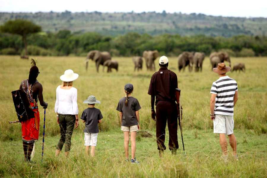 A family of four with two young children, an armed park ranger, and a Maasai warrior in traditional red clothing stand in a line from behind, safely watching a family of wild elephants walking through a large, open grassy field with green trees in the background.